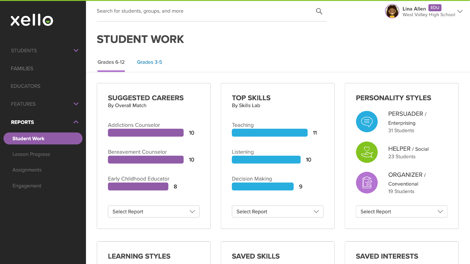 Reports page in Xello with option to run Student Work reports